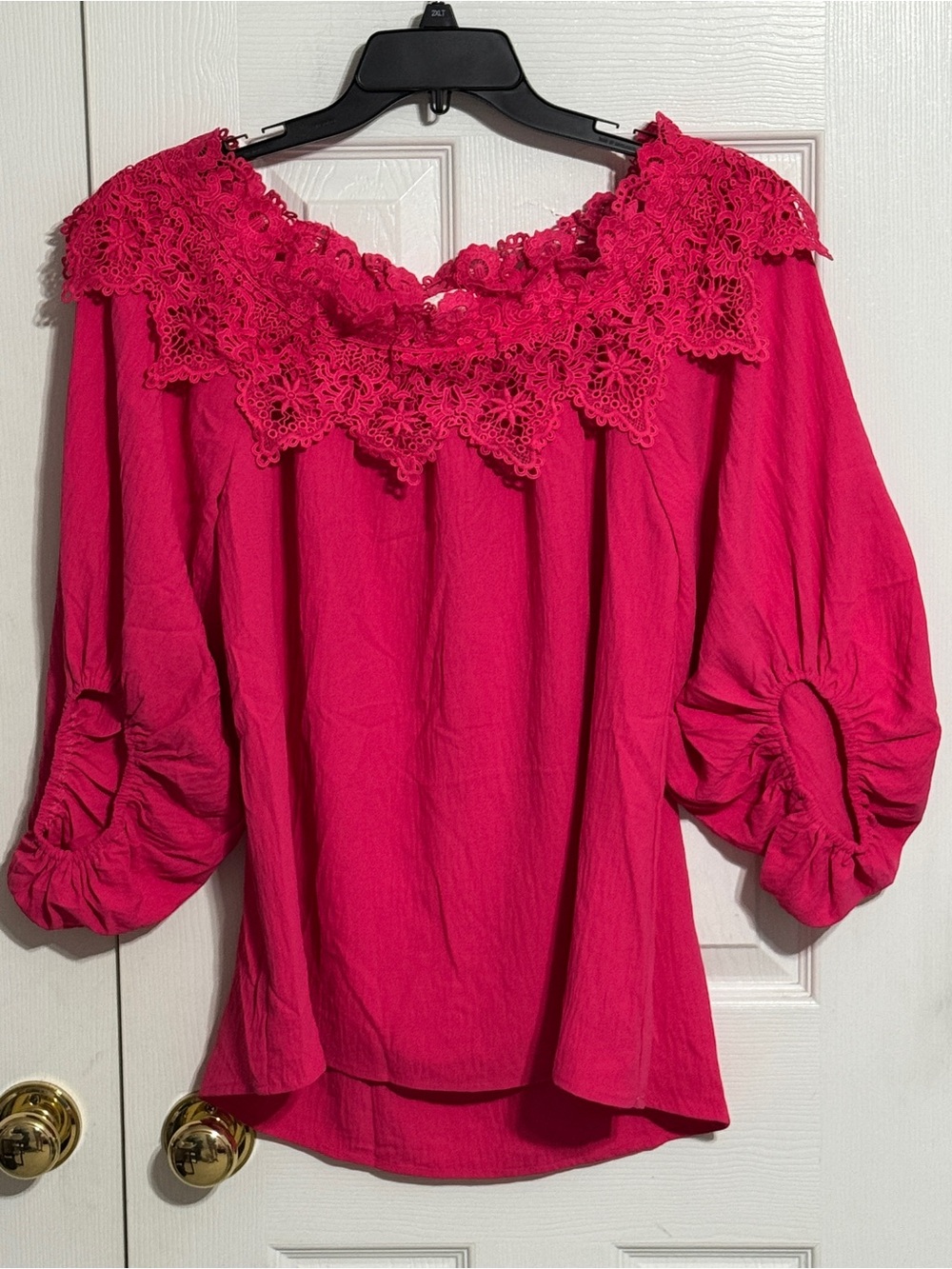 ODDY Fuchsia Off-Shoulder Crochet Neckline Peasant Style Blouse